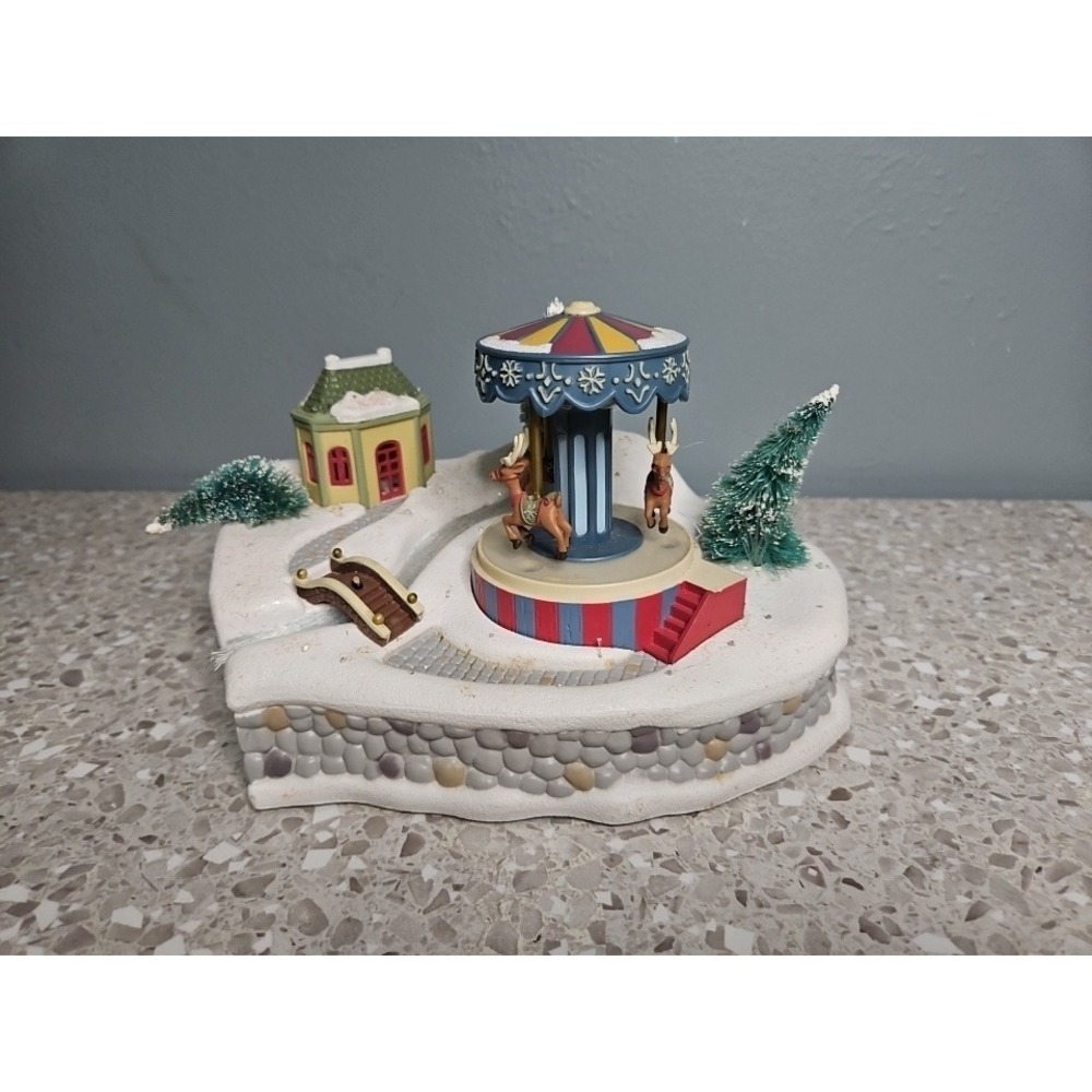 Avon Winter Carnival Carousel Christmas Village Fiber Optic Lighted Snow Scene